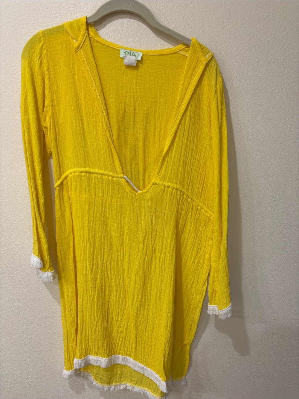 Hooded Yellow V-Neck Long Sleeve Beach Cover-Up Size S